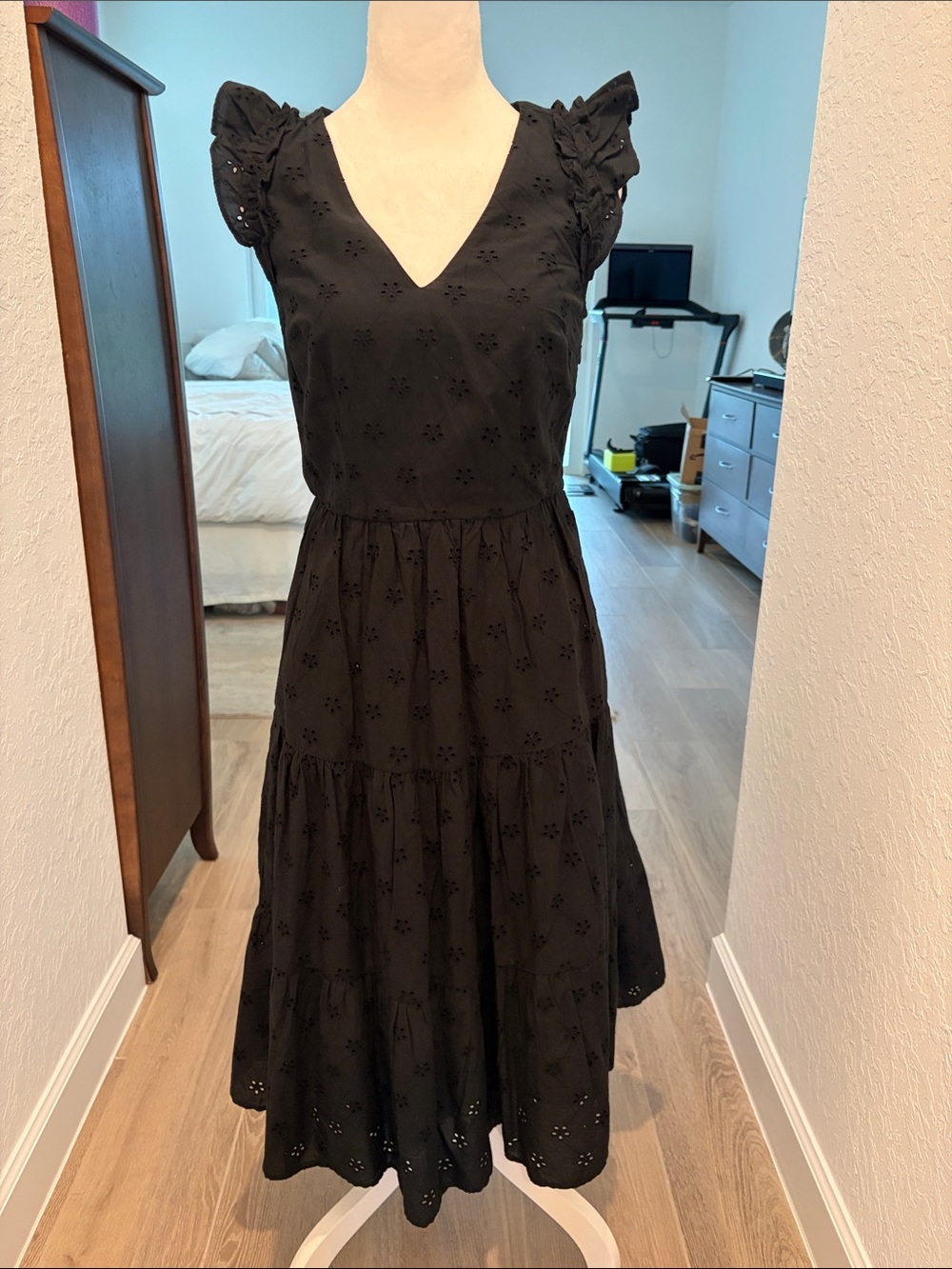 J. Crew Black Eyelet V-Neck Tiered Midi Dress
